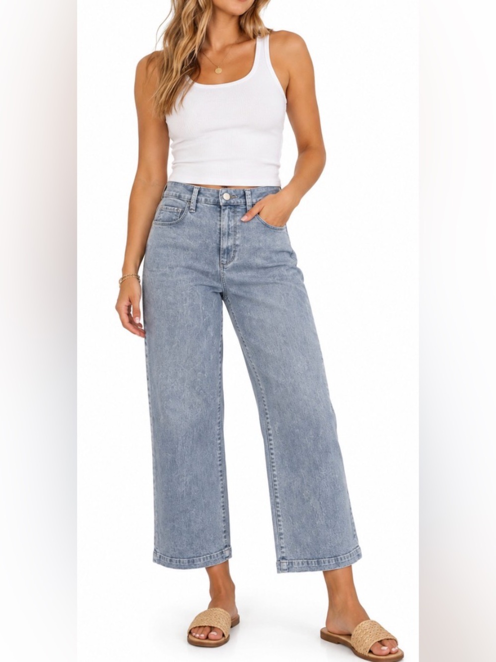 PAIGE Jeans Genesee Crop Light Blue Wide Leg Ankle